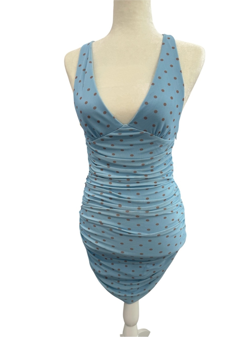 ZARA Ruched Blue Dress with Brown Polkadots